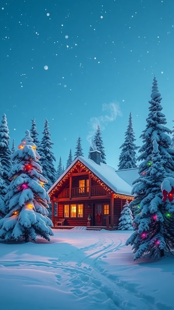 A picturesque winter landscape with a cabin, snow-covered trees, and Christmas lights.